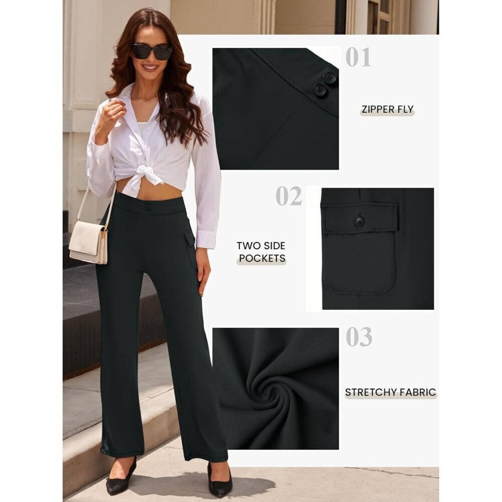 Women's Coal Black Casual High Waist Straight Leg Imported Stretchy Button Pants - Picture 6 of 6